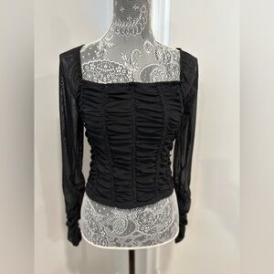 Jolie and Joy Women Sz:L Cropped Ruched Black Bodice Stretch Sheer Mesh Sleeves.